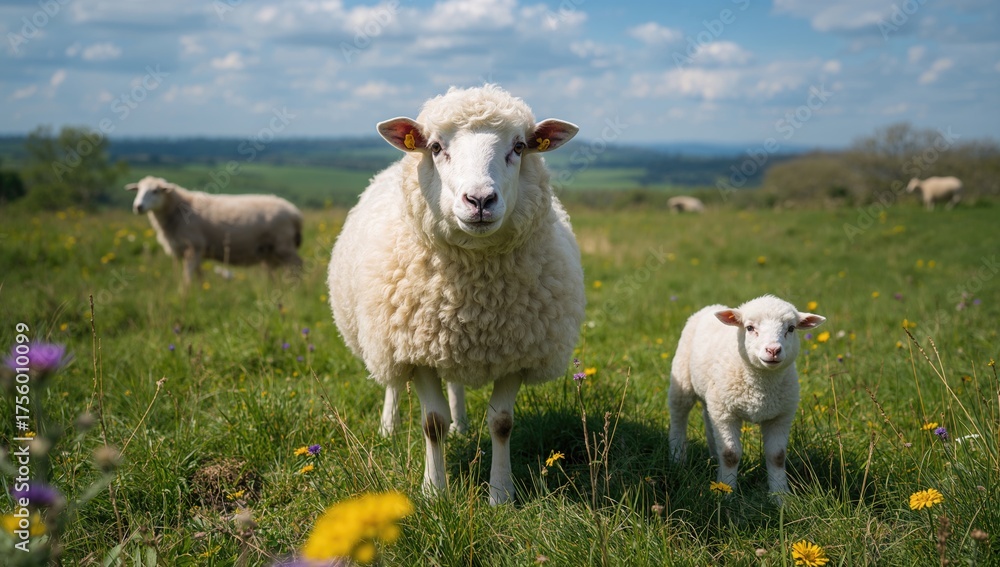 Obraz premium A close-up of a sheep standing in a natural meadow among its flock.