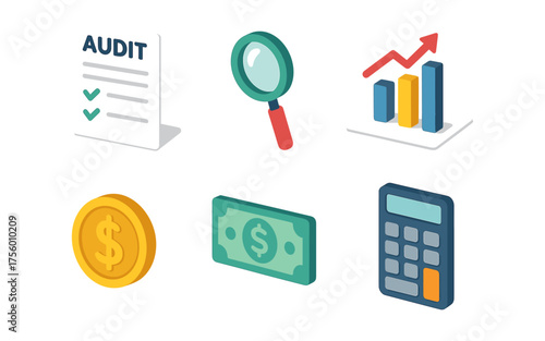 Isometric finance icons featuring audit, analytics, and currency symbols