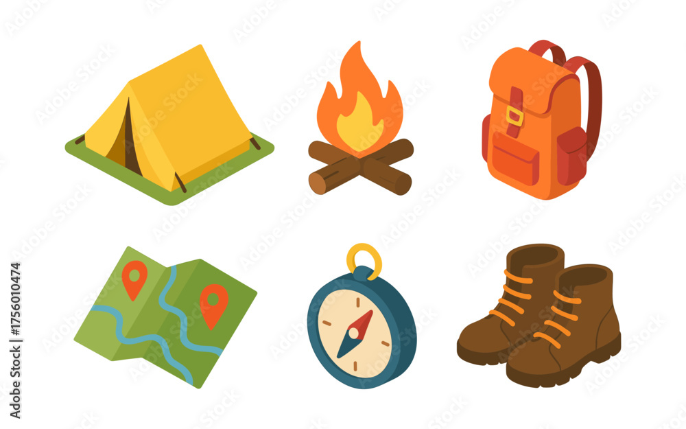 Fototapeta premium Outdoor adventure icons: camping gear and hiking essentials in flat design