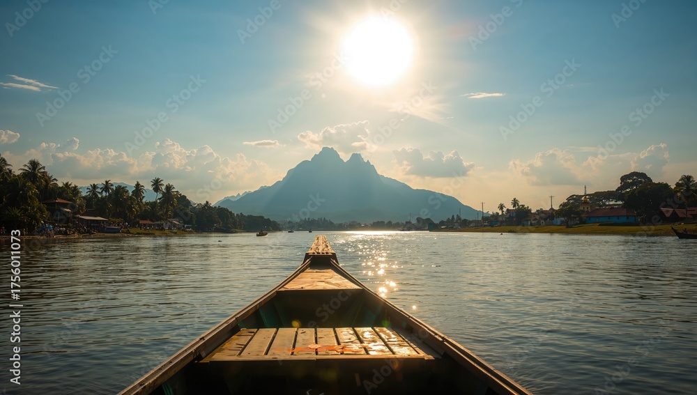 Fototapeta premium Scenic boat journey showcasing mountains along the central river to a historic town
