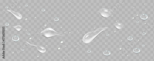 White condensation drops with realistic wet texture on a transparent surface.