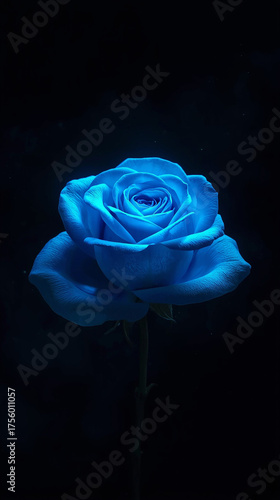 A single blue rose with velvety petals against a dark background