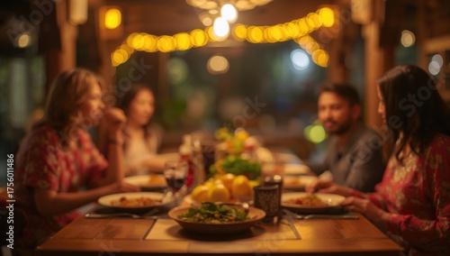Blurred abstract backdrop featuring a family meal with wooden interiors, fresh food, and warm yellow lighting for a snug atmosphere