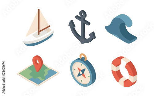 Nautical icons: sailboat, anchor, wave, map, compass, lifebuoy in isometric design