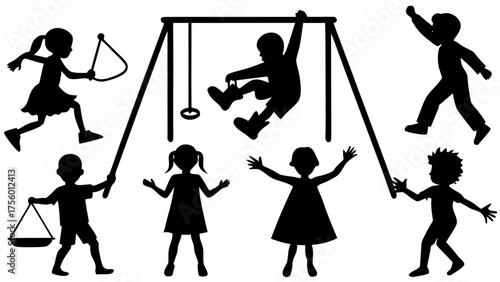Children silhouettes playing on playground equipment with joy and enthusiasm