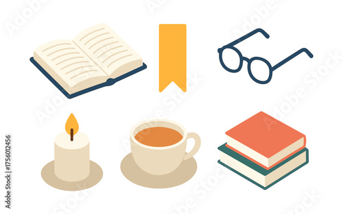 Cozy reading essentials: books, coffee, glasses, and candle in isometric style