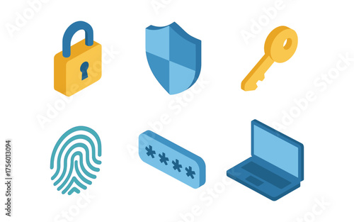 Isometric security icons showing lock, shield, key, fingerprint, password, and laptop