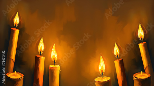 Lit candles in a warm setting create a spiritual atmosphere in oil painting style artwork