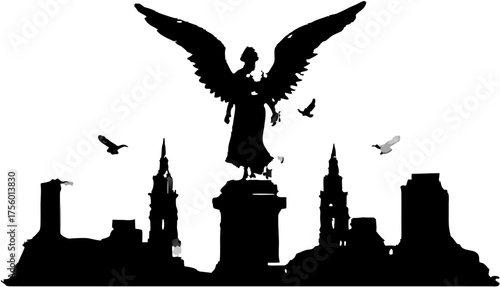 Stunning silhouette featuring the Angel of Independence statue in Mexico City with birds flying