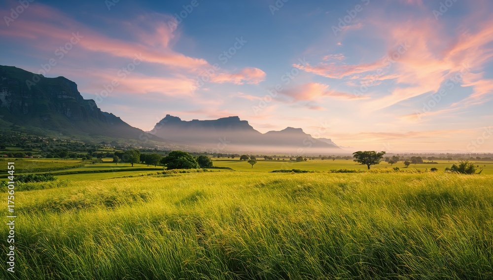 Obraz premium Scenic landscape featuring rolling hills, lush green fields, and a vibrant sky illuminating the summer scenery