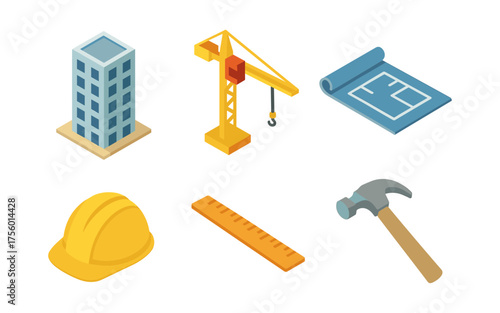 Isometric construction set: tools, crane, blueprint, and building elements