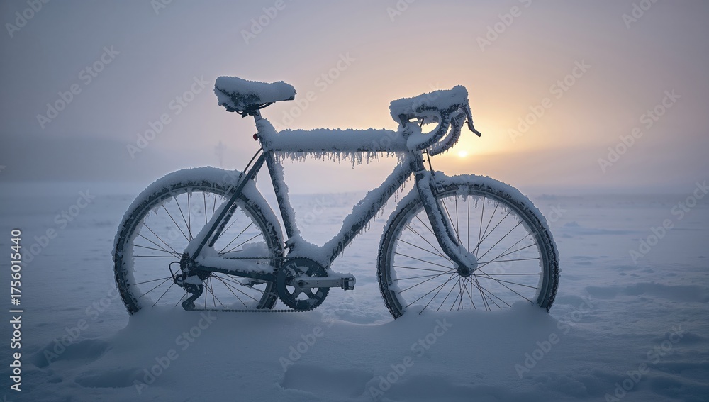 Fototapeta premium A bicycle covered in thick snow and frost