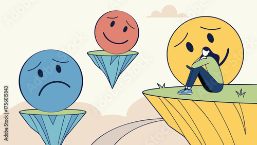 Woman wearing a mask sits sadly on a cliff next to a large happy yellow emoji