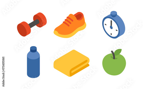 Fitness and wellness icons in isometric style: dumbbell, shoe, clock, bottle, towel, apple