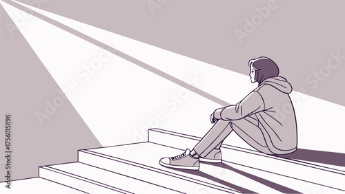 Young person sitting alone on steps bathed in dramatic light and shadow conveying solitude and contemplation