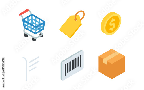 Isometric shopping elements: cart, price tag, coin, receipt, barcode, package