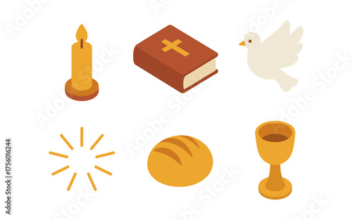 Isometric sacrament symbols with candle, bible, dove, bread, sunburst, chalice