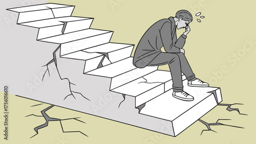 A man sits on a broken staircase contemplating his difficult situation and uncertain future