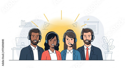 Illustration of a diverse customer service team with headsets in an office environment setting smiling created with generated ai
