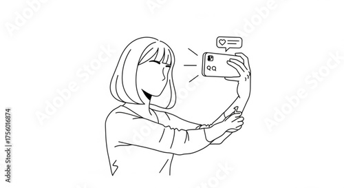 Line art illustration of a woman taking a selfie with a phone and a heart like notification shown near her created with generated ai