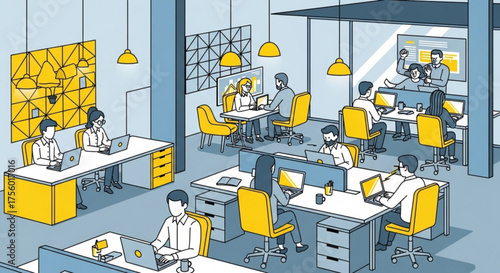 Illustration of a modern open office space with employees working at their desks and collaborating created with generated ai
