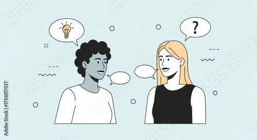 Two people communicating with speech bubbles one with idea and other with question mark icon created with generated ai