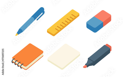 Isometric office supplies set with pen, ruler, and eraser