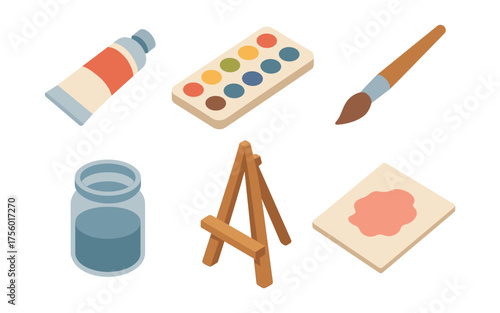Isometric art supplies set with paint palette, brushes, and easel for creative projects
