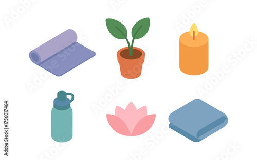 Isometric yoga icons: mat, candle, plant, bottle, flower, towel