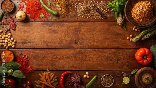 Fototapeta Naklejka Na Ścianę i Meble -  Culinary scene featuring assorted spices, herbs, and fresh produce on a rustic wooden countertop. Overhead perspective with empty space for text.