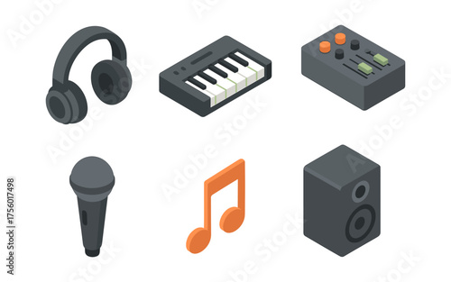 Isometric music icons set featuring instruments, headphones, and notes