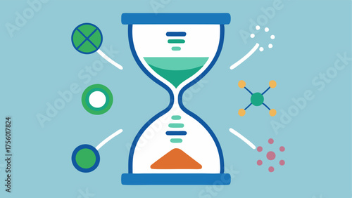 Age Clock Reversal Illustrate an hourglass with aging symbols on the top half and rejuvenation symbols exosomes and peptides on the bottom half showing the reversal of time.