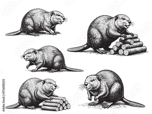 Beaver Building Dam Vintage Engraved Wildlife Illustration Isolated Vector