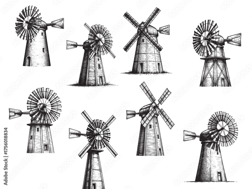 Obraz premium Windmill Vintage Engraved Rural Life Illustration Isolated Vector Artwork