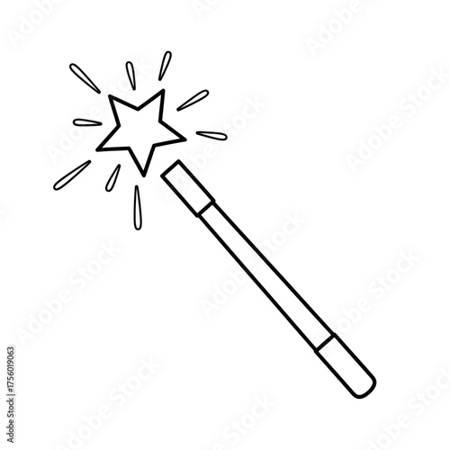 Simple line art icon of a glowing magic wand with a star and sparkles, isolated on a white background. Black and white vector drawing for fairy tales and dreams.

