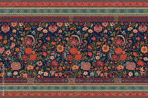 Colorful continuous geometric pattern with ethnic floral motifs and graceful design