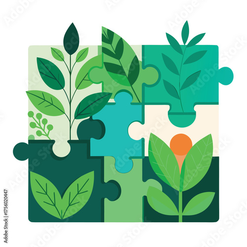 Environmental Harmony: Puzzle pieces seamlessly interlock, revealing a lush ecosystem of green foliage.