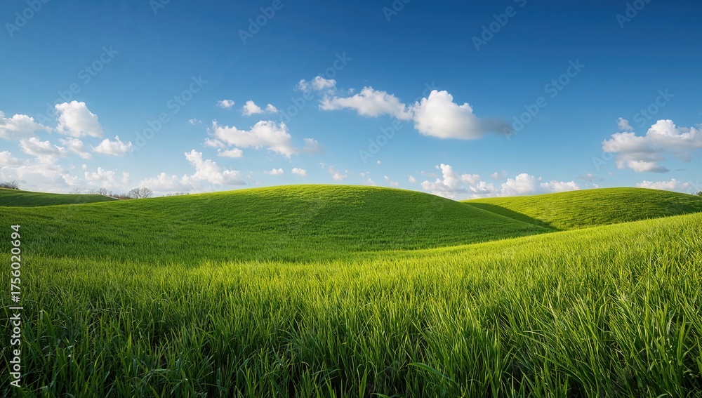 Obraz premium Lush verdant meadows under a stunning spring sky, featuring a backdrop of grass and clouds.