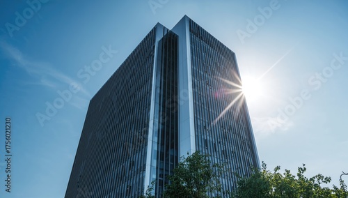Contemporary commercial structure under a bright blue sky