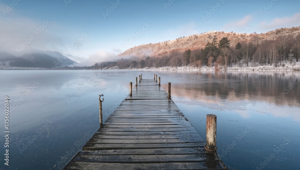 Naklejka premium Wooden pier submerged in water stretching over a tiny icy lake during a chilly winter dawn.
