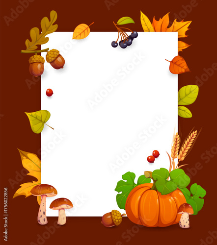 Thanksgiving harvest autumn fall vector banner frame with pumpkin, forest mushroom, acorns, berries and orange foliage. Thanksgiving harvest holiday and autumn season banner with cartoon leaves