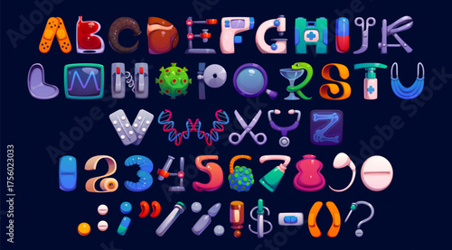 Medicine type, cartoon medical font, healthcare typeface, medical English alphabet, numbers and signs set with medical elements such as pills, dna strands, stethoscopes, masks, syringes and viruses