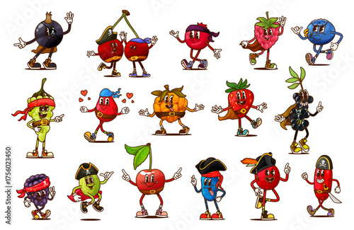 Groovy berry pirate and corsair characters of vector retro hippie fruit food. Cartoon funky strawberry, cherry, grapes and raspberry, groovy barberry, cranberry and currant berries with pirate hats