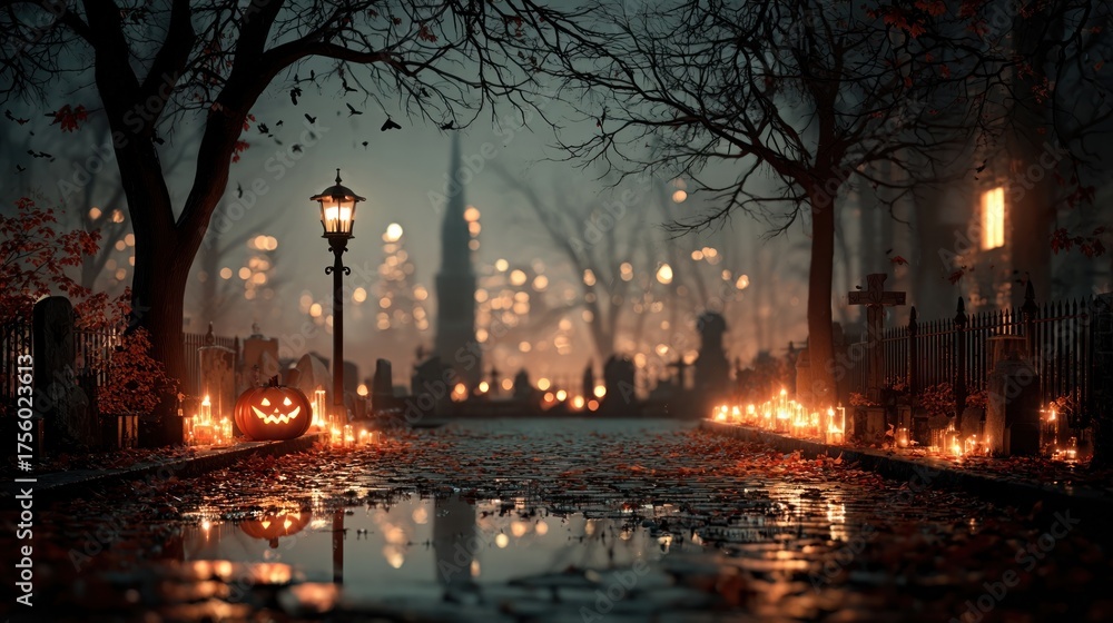 Fototapeta premium Halloween night scene with flaming pumpkin, graveyard, and bats