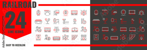 Train and subway railroad and railway icons of passenger transport, vector pictograms. Railroad and railway line icons of metro underground and tram carriage rails, engineer technician and station