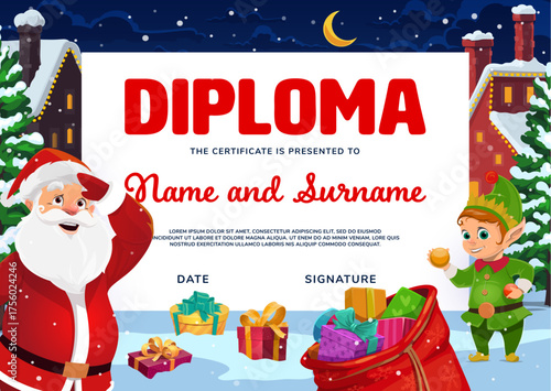 Kids Christmas diploma template with Santa Claus and happy smiling elf, red bag with gift boxes on winter snow. Night blue sky and snowy houses, decorated pine trees, holiday certificate