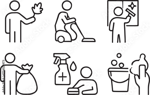 Vector set of cleaners people icons, with person figures, stick figure pictograms, and silhouette illustration symbols