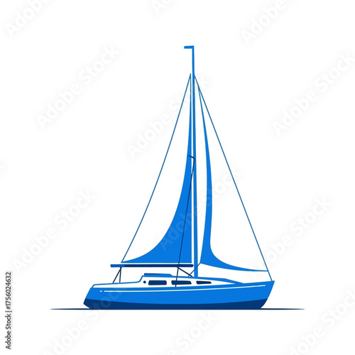 Blue sailboat sailing on the ocean with clear sky.