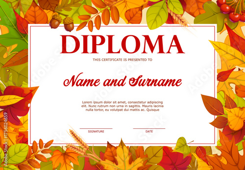 Kids diploma with autumn fall season leaves. Vector autumn certificate template with colorful fall leaves, acorns, and berries. Cartoon festive layout for seasonal awards, school or holiday events
