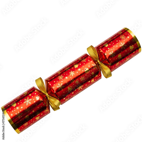 Red Christmas cracker with gold bells snowflakes and ribbons isolated on transparent background